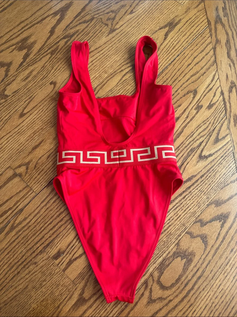 Versace Red One-Piece Swimsuit with Gold Greek Key Waistband